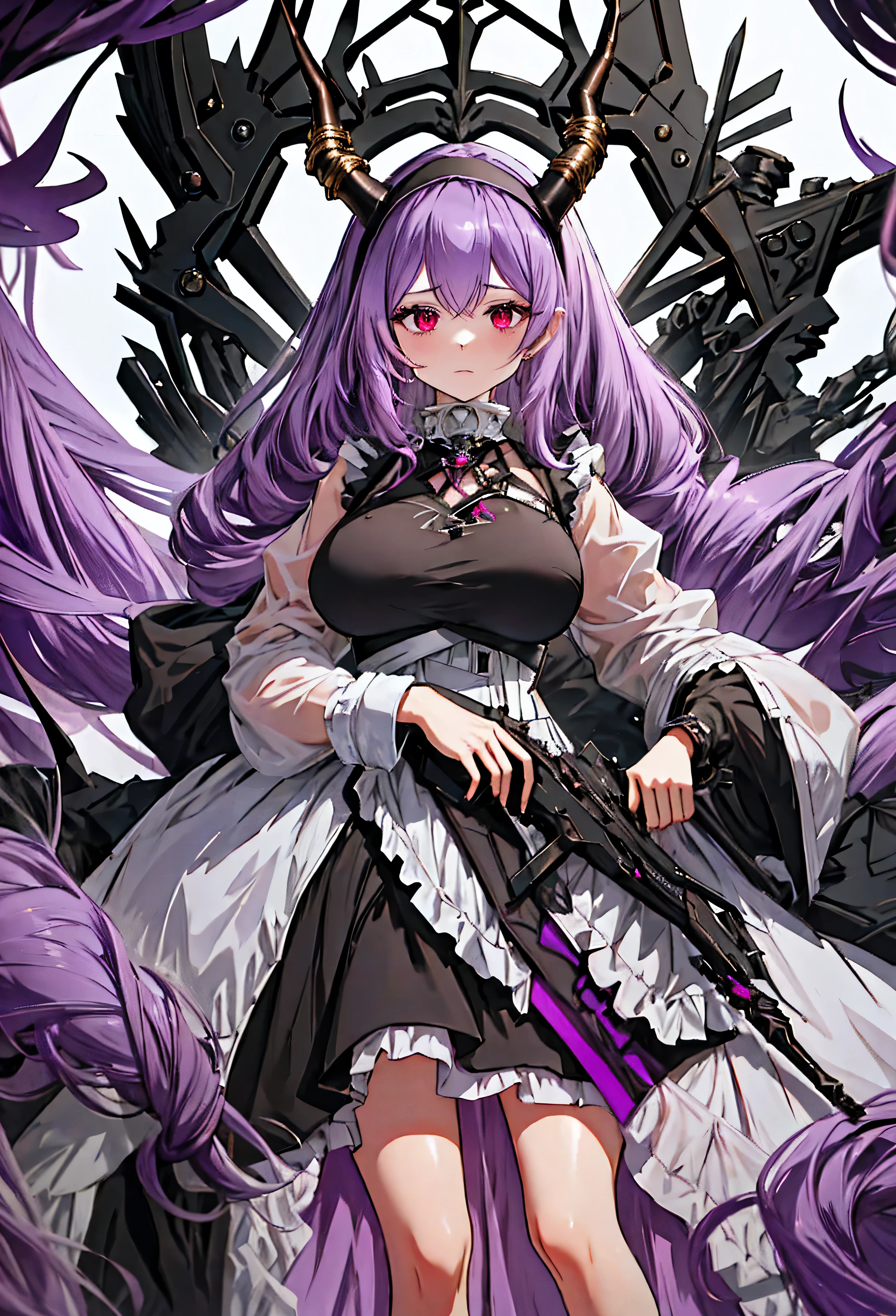 Typhon| Ark Knight, dragon horns, dragon tail, very long hair, hairband, purple hair, red eyes, large breasts, In a dark night, an eunectes_arknights stands alone, with her very long hair flowing down. She is wearing a hairband and her hair is purple. Her eyes are piercing red. The artwork is of the best quality, a masterpiece in high resolution. The eunectes_arknights is dressed as a maid, wearing a long maid dress that adds a touch of elegance to her appearance. She is 21 years old., Expressing anger, angry,