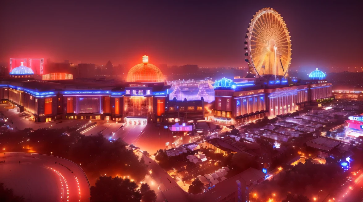 Night view of a Chinese city with a Ferris wheel in the background, nice image, high resolution, wide angle panorama,, night shot, mall background, wide field of view,