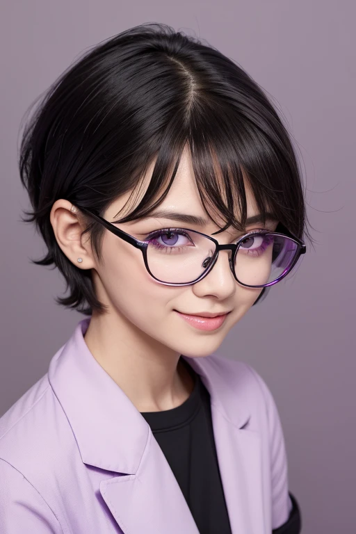 simple background, medical staff, wear thick lilac color flames glasses, glasses on her head, (((black middle short messy hair))), teaching for viewer with friendly smile