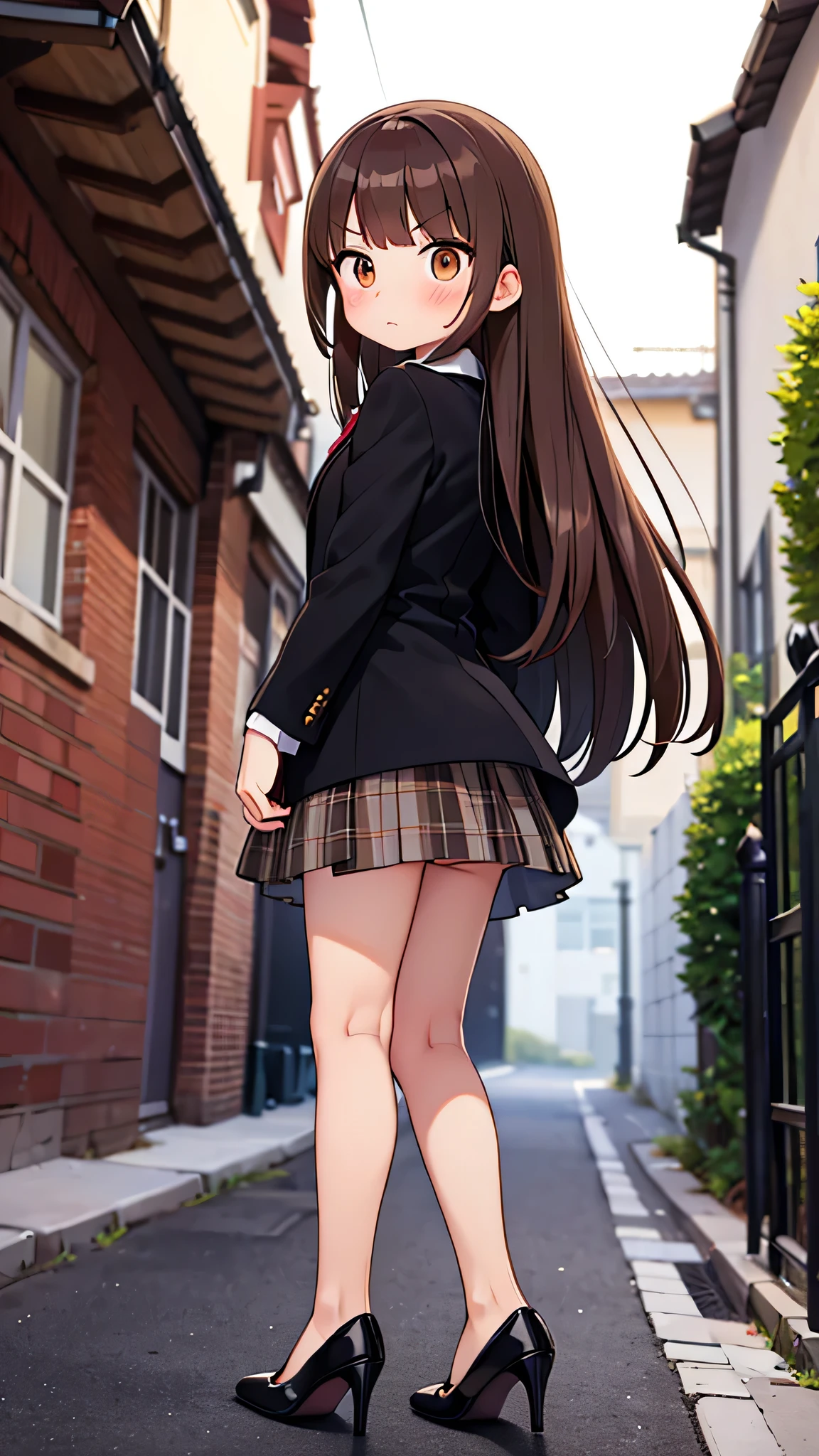 masterpiece、highest quality),Brown Hair,Hime cut,Long Hair,Bangs,girl,Back Alley,In a suit,OL,Woman with an angry face,Blushing,Slender women, A woman wearing plain black pumps,Bare feet and pumps,Open collar,Horny,Stand with your legs together,hold the skirt with both hands,front