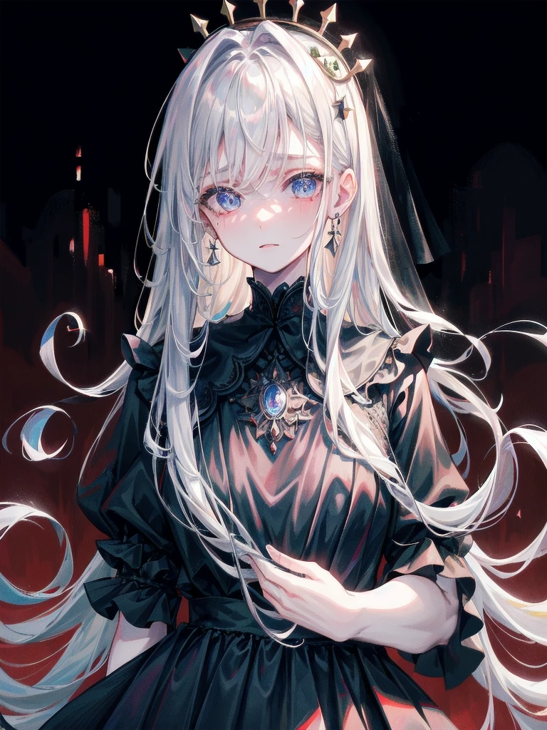 whole body, sickly girl, black dress, face veil, mansion, hall, absurdres, RAW photo, extremely delicate and beautiful, masterpiece, Best Quality, ultra high resolution, 32k, hyperrealistic, ultra-detailed description, pale skin, 20 years old, detailed beautiful face and eyes, tearful mole, earring, short medium wavy hair,