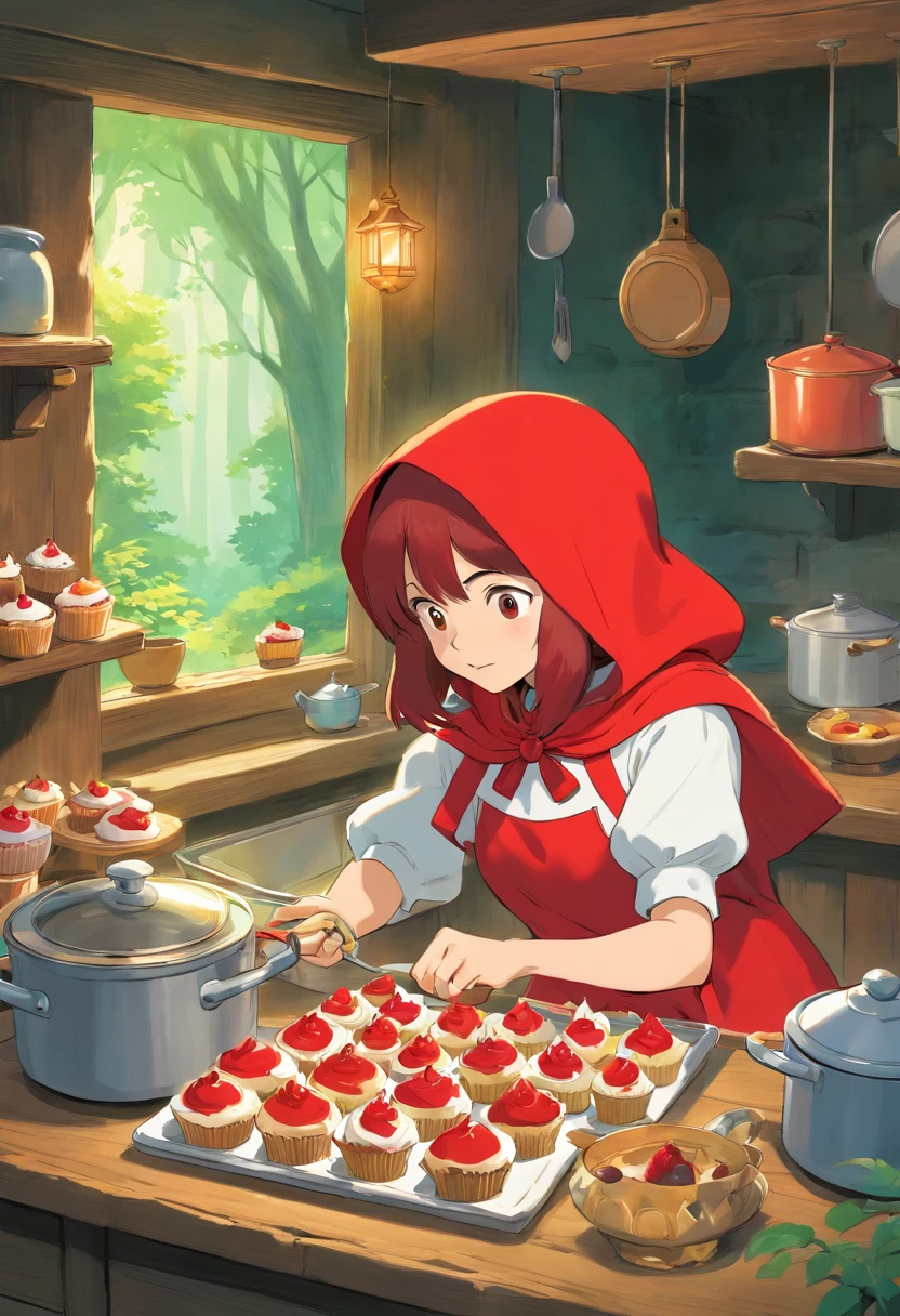 A scene where Little Red Riding Hood is helping her mother cook cupcakes in her little house in the middle of the forest, book illustration