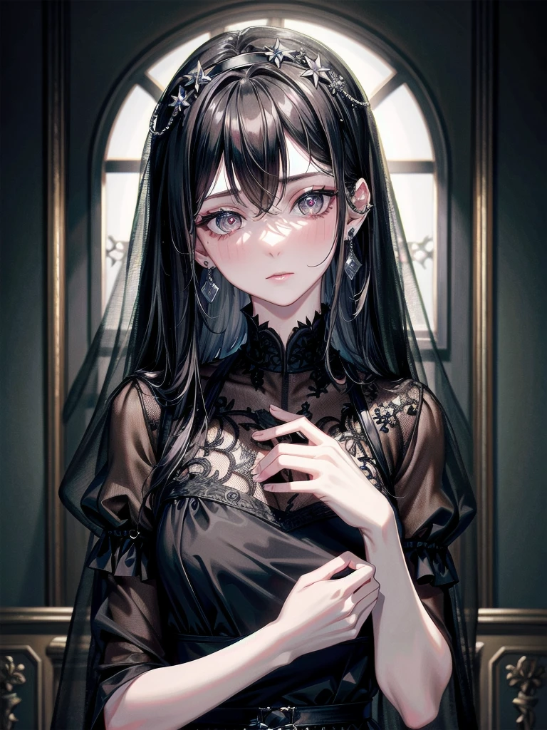whole body, sickly girl, black dress, face veil, mansion, hall, absurdres, RAW photo, extremely delicate and beautiful, masterpiece, Best Quality, ultra high resolution, 32k, hyperrealistic, ultra-detailed description, pale skin, 20 years old, detailed beautiful face and eyes, tearful mole, earring, short medium wavy hair,