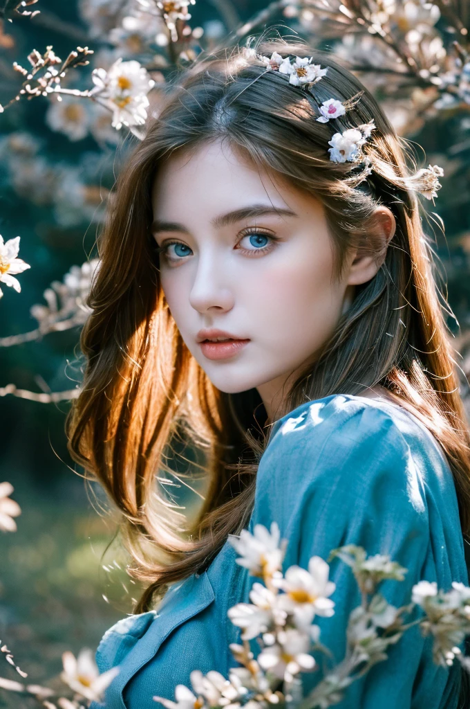 ( masterpiece, top quality, best quality,8k,17 years old girl,ultra detailed,raw photo:1.5),(photorealistic:1.4), (cinematic lighting), PerfectNwsjMajic, , Surrealism, UHD, ccurate, Super detail, textured skin, High detail, Best quality, dynamic angle, White skin,[Beautiful blue eyes], high nose,[flat chest:large breasts:0.5],(1girl),((good anatomy:0.5)),(covered in flowers:1.4), night sky, joint, interested in, fire and ice, (The image is divided into two，Available in a variety of colors:2), eyes blues, sapphire, liquid metal, night sky, (Look at an angle:1.3), (fire and ice), ((Lower chrome)), (hairpin:1.4), (forest:1.3), (fog: 1.3),  Subtle colors and tones, mystical aura ,dreamy atmosphere,expressive brush strokes, mystical ambiance, Artistic interpretation,Wonderland, blue glowing flowers tone, upper body, long hair, light brown streaked hair, brown hair
