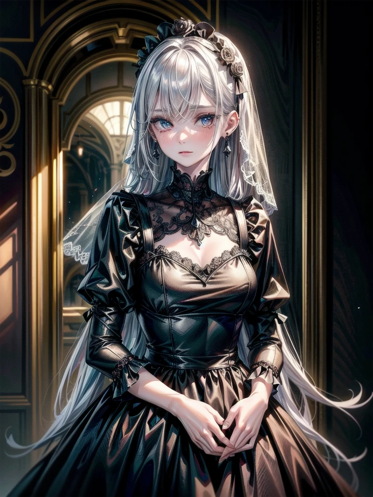 whole body, sickly girl, black dress, face veil, mansion, hall, absurdres, RAW photo, extremely delicate and beautiful, masterpiece, Best Quality, ultra high resolution, 32k, hyperrealistic, ultra-detailed description, pale skin, 20 years old, detailed beautiful face and eyes, tearful mole, earring, short medium wavy hair,