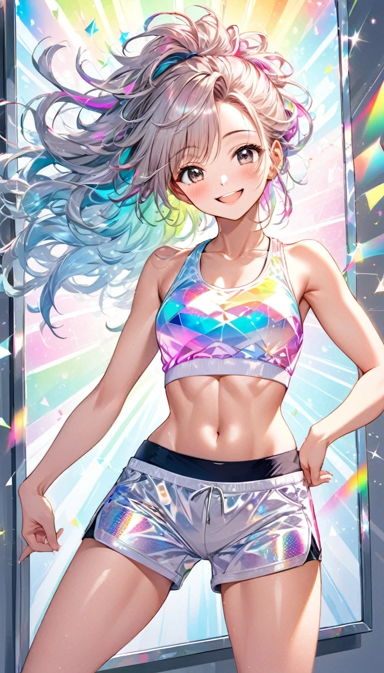 best quality, super fine, 16k, incredibly absurdres, extremely detailed, delicate and dynamic, cute woman, messy hair, smile, happily doing dance exercises, wearing crop tank top and shorts, superlative body proportion, abs, prism effect, mirror effect, background pastel dot colors, sparkling image style