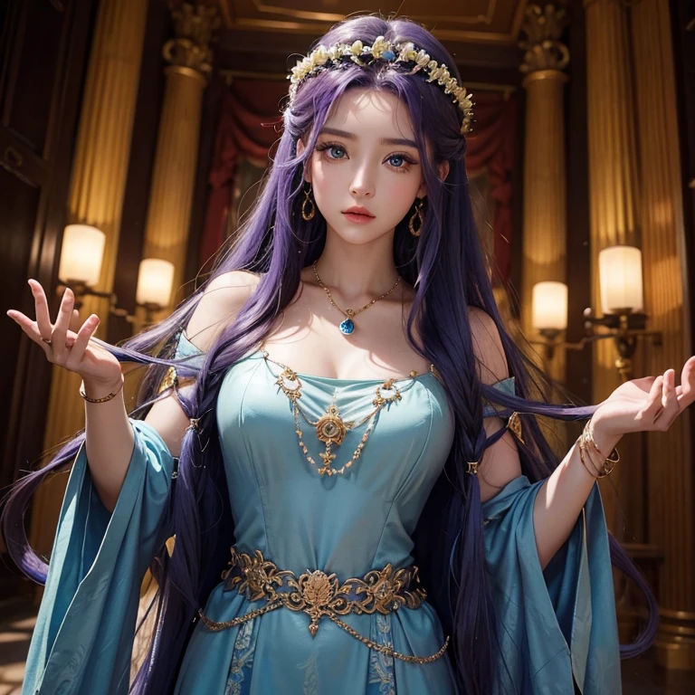 In the dim castle、Beautiful Medusa is looking at you。high quality image, cinematic light, Ancient Greek costume, gorgeous necklace, photographic image, 8k, beautiful face, hair made of snakes
