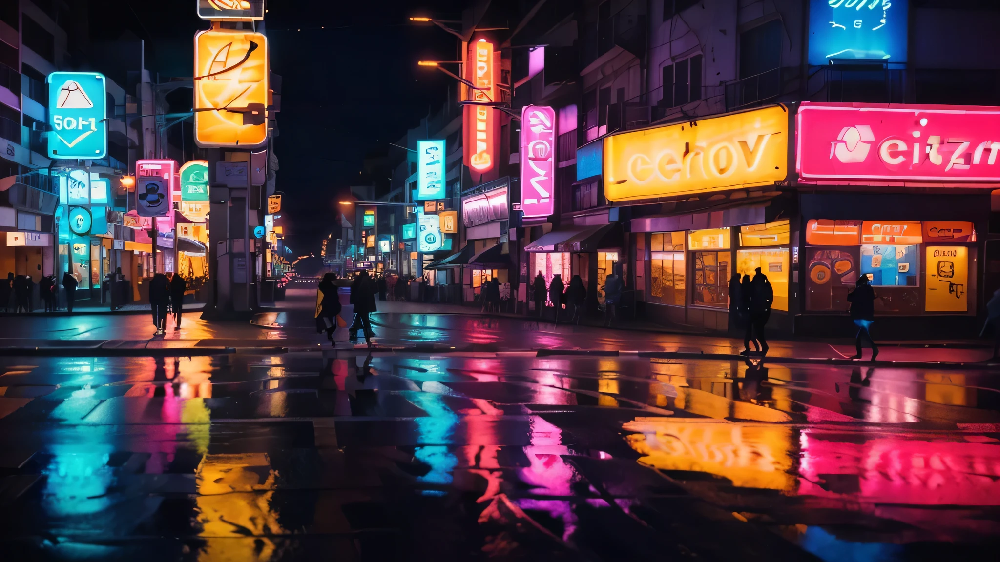Brightly lit city street at night with people walking on the sidewalk, neon reflections, neon city, city midnight neon lights, neon street, just a joke, neon night, luz neon da cidade, bright neon city lights, neon city in the background, luzes vibrantes da cidade, neon reflections in the puddles, A cidade que nunca dorme, neon streetlights, Cidade colorida