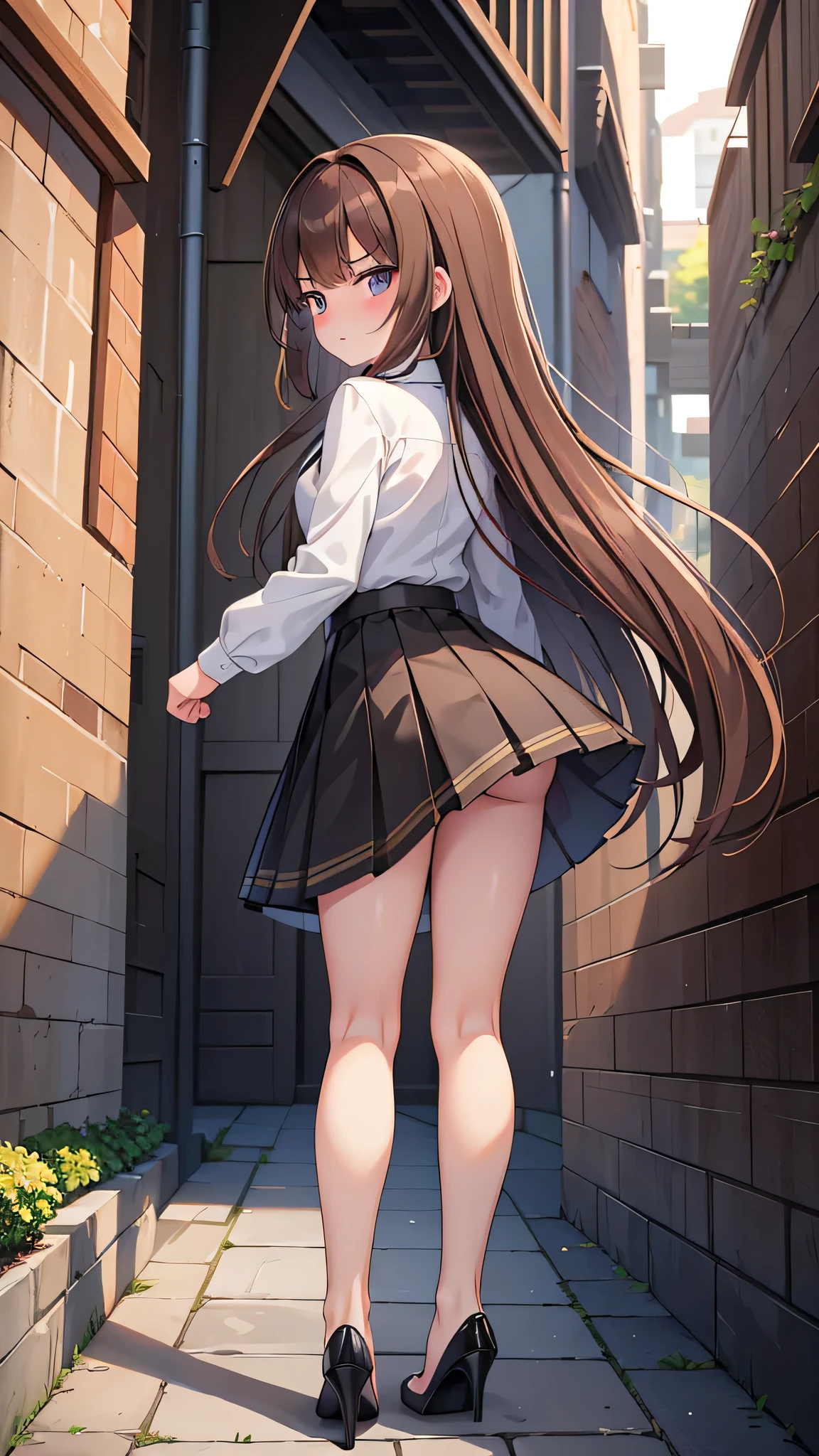 masterpiece、highest quality),Brown Hair,Hime cut,Long Hair,Bangs,girl,Back Alley,In a suit,OL,Woman with an angry face,Blushing,Slender women, A woman wearing plain black pumps,Bare feet and pumps,Open collar,Horny,Stand with your legs together,hold the skirt with both hands,front