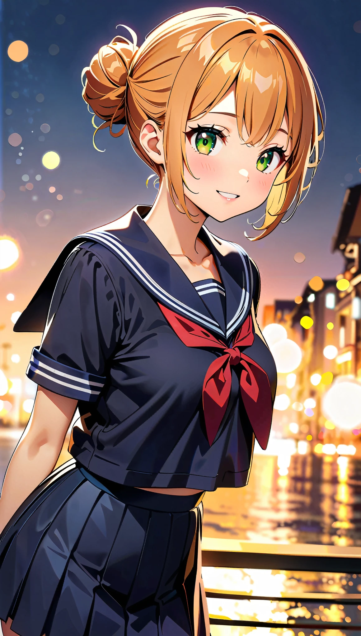 (highest quality, 4k, High resolution, masterpiece:1.2), Very detailed, (anime, animeスタイル:1.37), Cinematic Light, Bright colors and fascinating effects, Soft and delicate lighting, Gentle glow, Lens flare, The whole scene has a beautiful and gentle atmosphere., 1 female, jk, (Orange Hair, Bun Head, Green Eyes), Happy expression, (Very detailedな顔, Very soft lips detail, Fine grain, double eyelid, Random Pause:1.5, Cowboy Shot, Sailor suit, Glowing Skin, Anatomically correct, Background bokeh,