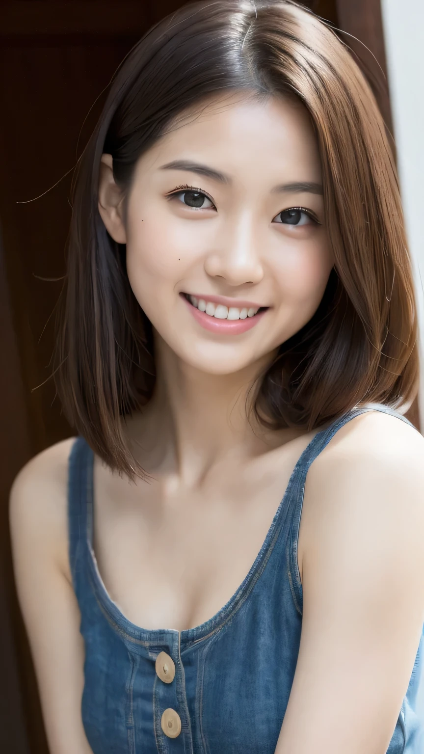 8k, highest quality, masterpiece, Realistic, Photorealistic, Ultra-detailed, Natural light, Highly detailed face and skin, Detailed eyes, Highly detailed hair, Beautiful Face, Realistic Face, Beautiful hairstyle, Realistic eyes, Fine grain, Realistic Skin, Detailed skin, Beautiful Skin, Charm, Ultra-realistic, Healthy tank top, kind, Light brown hair, Cute Japanese Girl, whole body,smile,Dimples,Crouching,Plump,