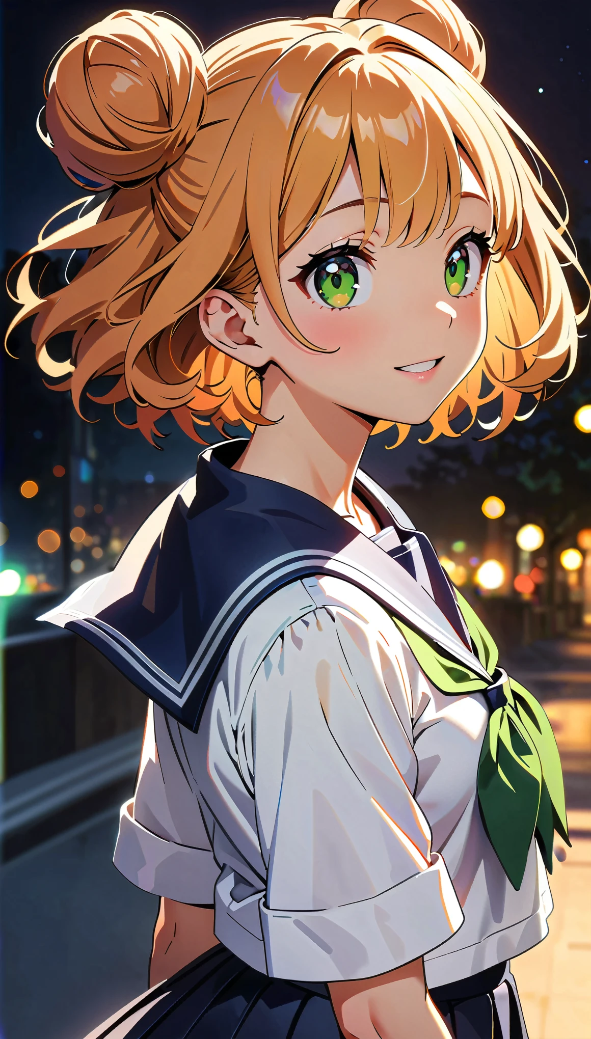 (highest quality, 4k, High resolution, masterpiece:1.2), Very detailed, (anime, animeスタイル:1.37), Cinematic Light, Bright colors and fascinating effects, Soft and delicate lighting, Gentle glow, Lens flare, The whole scene has a beautiful and gentle atmosphere., 1 female, jk, (Orange Hair, Bun Head, Green Eyes), Happy expression, (Very detailedな顔, Very soft lips detail, Fine grain, double eyelid, Random Pause:1.5, Cowboy Shot, Sailor suit, Glowing Skin, Anatomically correct, Background bokeh,