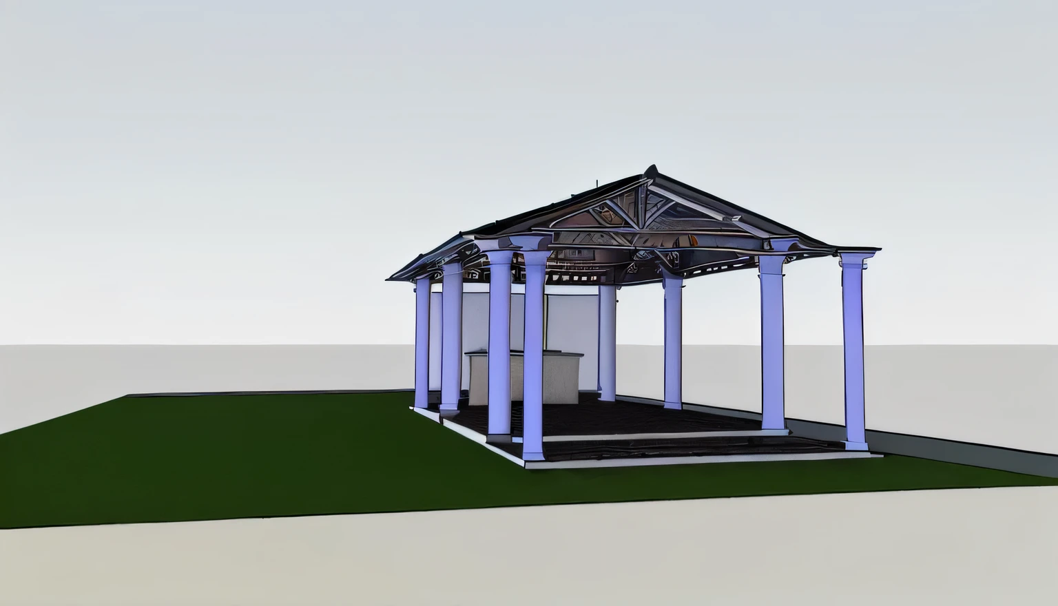 a rendering of a gazebo with a roof and columns, covered outdoor stage, rendered 3d model, with 3 d render, with 3d render, 3 d rendered, 3d rendered, 3d rendered model, 3 d render even lit, 3 / 4 view, 3/4 view, front perspective, conceptual rendering, modeled in 3 d, sketch - up
