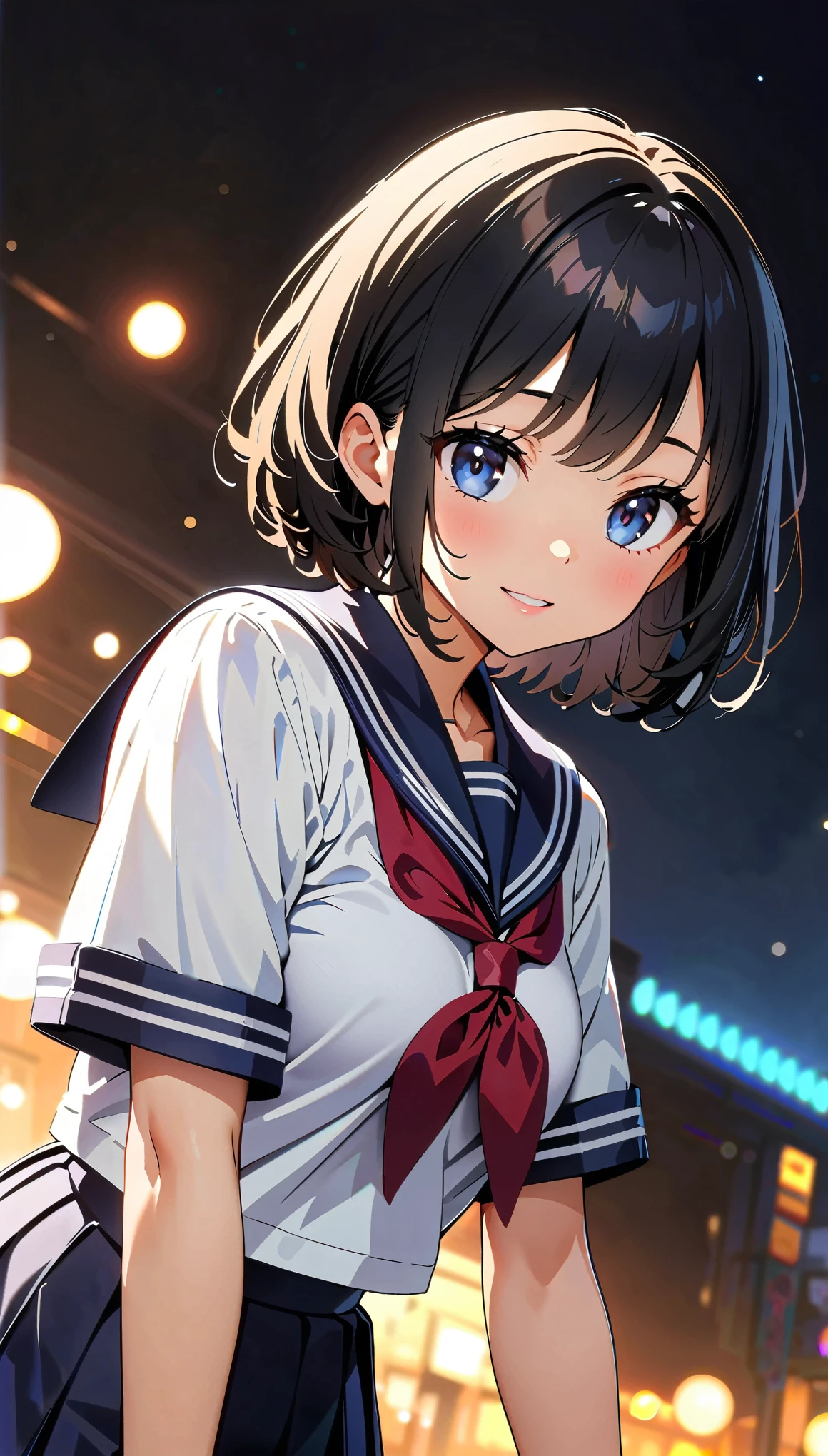 (highest quality, 4k, High resolution, masterpiece:1.2), Very detailed, (anime, animeスタイル:1.37), Cinematic Light, Bright colors and fascinating effects, Soft and delicate lighting, Lens flare, The whole scene has a beautiful and gentle atmosphere., 1 female, jk, (Black Hair, Very Short Hair, Dark blue eyes), Happy expression, (Very detailedな顔, Very soft lips detail, Fine grain, double eyelid, Random Pause:1.5, Cowboy Shot, Sailor suit, Glowing Skin, Anatomically correct, Background bokeh,