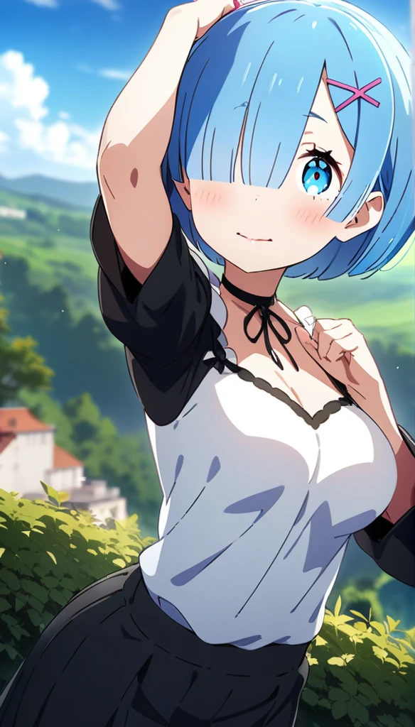 1girl, rem \(re:zero\)), re:zero kara hajimeru isekai seikatsu, large breast, masterpiece, best quality, very aesthetic, absurdres, key visual, highly detailed, looking at viewer, outdoors