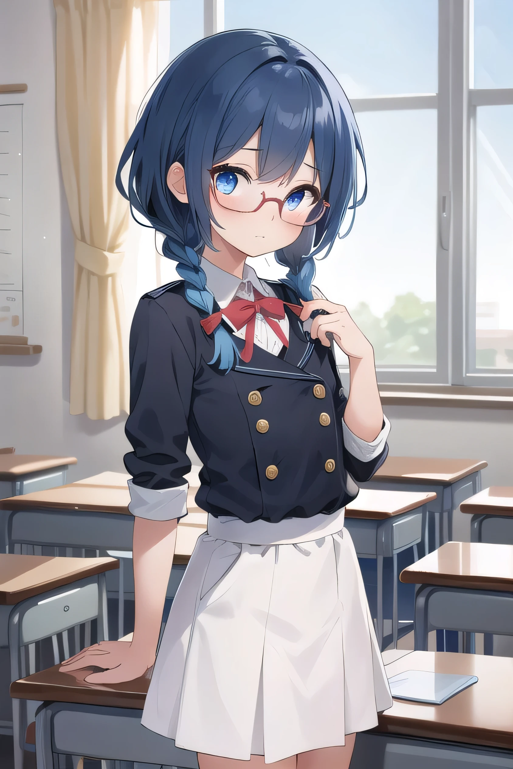 small breasted girl, short, elementary school student, blue hair, fishtail braid, blue eyes, round eyes, shy, shy, classroom, short, young face, short height, , glasses with no edges,flat chest,