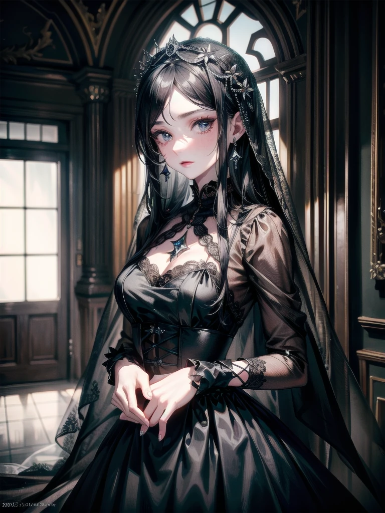 full body shot, sickly girl, black dress, face veil, mansion, hall, absurdres, RAW photo, extremely delicate and beautiful, masterpiece, Best Quality, ultra high resolution, 32k, hyperrealistic, ultra-detailed description, pale skin, 20 years old, detailed beautiful face and eyes, tearful mole, earring, short medium wavy hair,