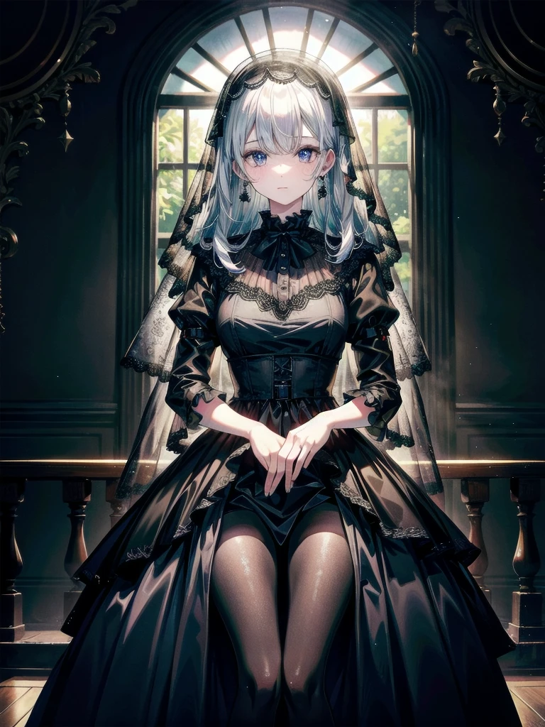 full body shot, sickly girl, black dress, face veil, mansion, hall, absurdres, RAW photo, extremely delicate and beautiful, masterpiece, Best Quality, ultra high resolution, 32k, hyperrealistic, ultra-detailed description, pale skin, 20 years old, detailed beautiful face and eyes, tearful mole, earring, short medium wavy hair,