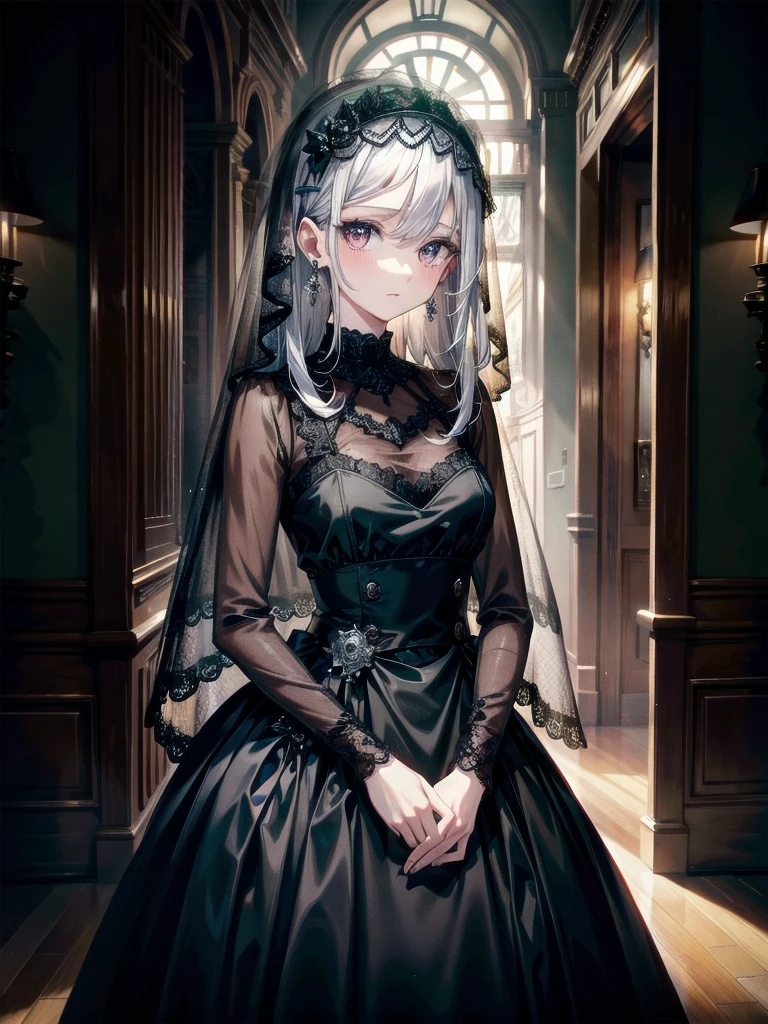 full body shot, sickly girl, black dress, face veil, mansion, hall, absurdres, RAW photo, extremely delicate and beautiful, masterpiece, Best Quality, ultra high resolution, 32k, hyperrealistic, ultra-detailed description, pale skin, 20 years old, detailed beautiful face and eyes, tearful mole, earring, short medium wavy hair,