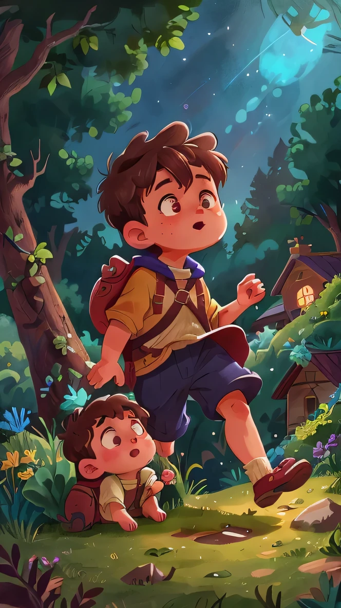Every night, Theo would climb up to the highest hill in the village and gaze at the twinkling stars above. Their shimmering beauty captivated him, filling his heart with wonder and his mind with dreams of soaring through the cosmos. (theo has a brown hair)