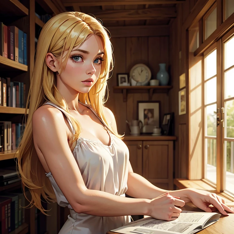 Try making a picture of a woman with blonde hair with natural lighting on her shoulders she is a magazine model 