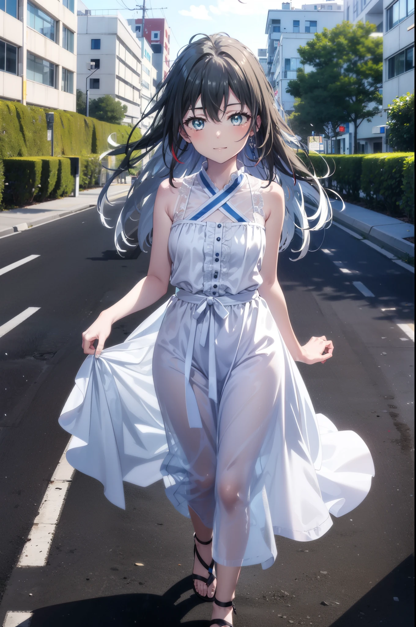 yukinoyukinoshita, Yukino yukinoshita, Black Hair, blue eyes, Long Hair,smile, Small breasts,happy smile, smile, Close your mouth,
, Sleeveless white dress,White long skirt,Cute Sandals,walking,Real Summer,Daytime,sunny,whole bodyがイラストの中に入っていくように,
break outdoors ,city,Building district,Coastal Road break looking at viewer, whole body,
break (masterpiece:1.2), highest quality, High resolution, unity 8k wallpaper, (shape:0.8), (Beautiful and beautiful eyes:1.6), Highly detailed face, Perfect lighting, Extremely detailed CG, (Perfect hands, Perfect Anatomy),