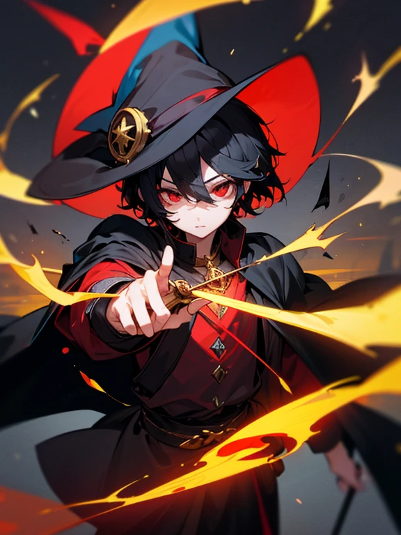 Black Hair、Night Town、Brightly colored accessories、Treasure、(Wizard）、short hair、high resolution、Black Cape、Red eyes、（（（hat）））