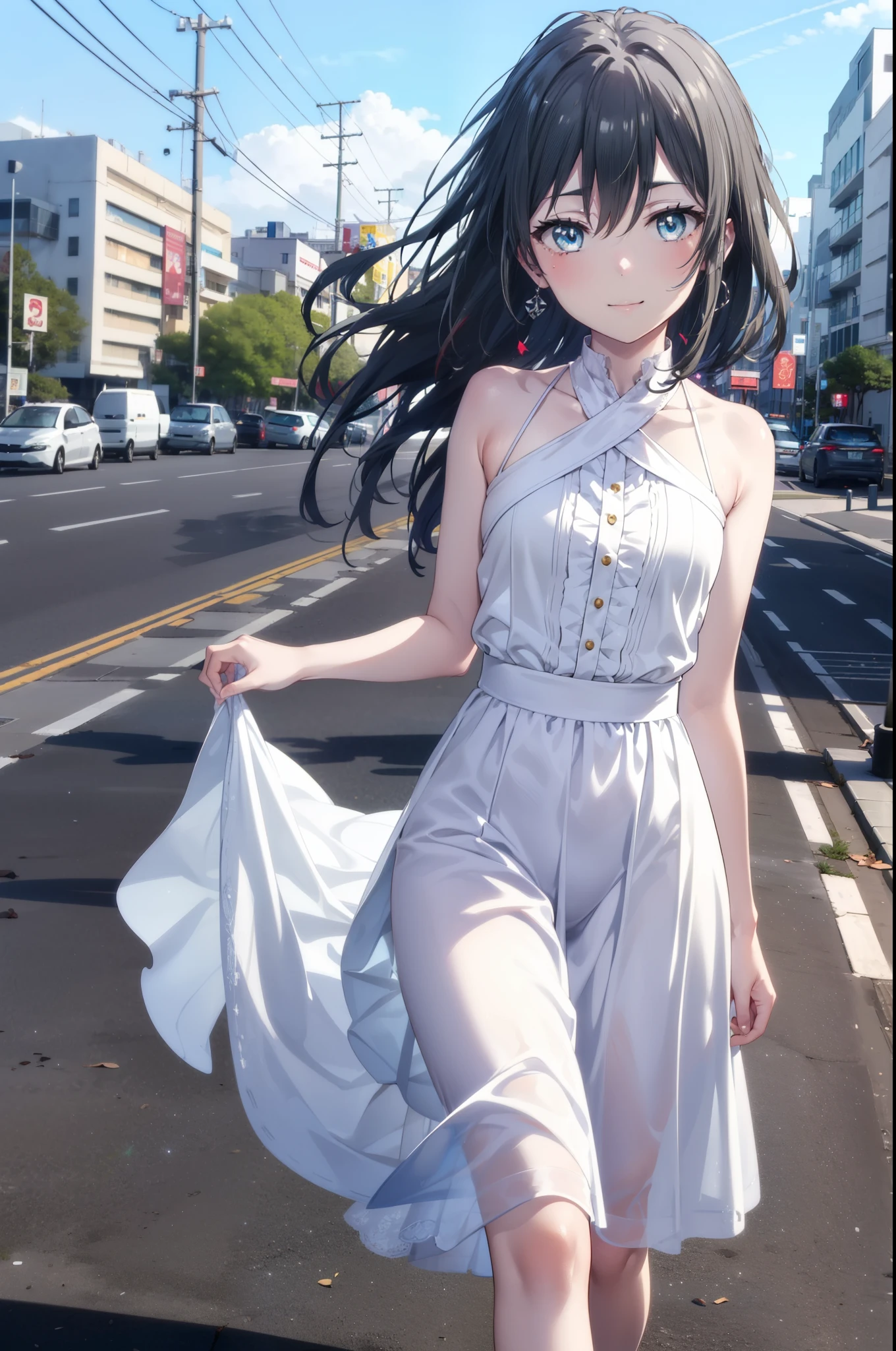 yukinoyukinoshita, Yukino yukinoshita, Black Hair, blue eyes, Long Hair,smile, Small breasts,happy smile, smile, Close your mouth,
, Sleeveless white dress,White long skirt,Cute Sandals,walking,Real Summer,Daytime,sunny,whole bodyがイラストの中に入っていくように,
break outdoors ,city,Building district,Coastal Road break looking at viewer, whole body,
break (masterpiece:1.2), highest quality, High resolution, unity 8k wallpaper, (shape:0.8), (Beautiful and beautiful eyes:1.6), Highly detailed face, Perfect lighting, Extremely detailed CG, (Perfect hands, Perfect Anatomy),