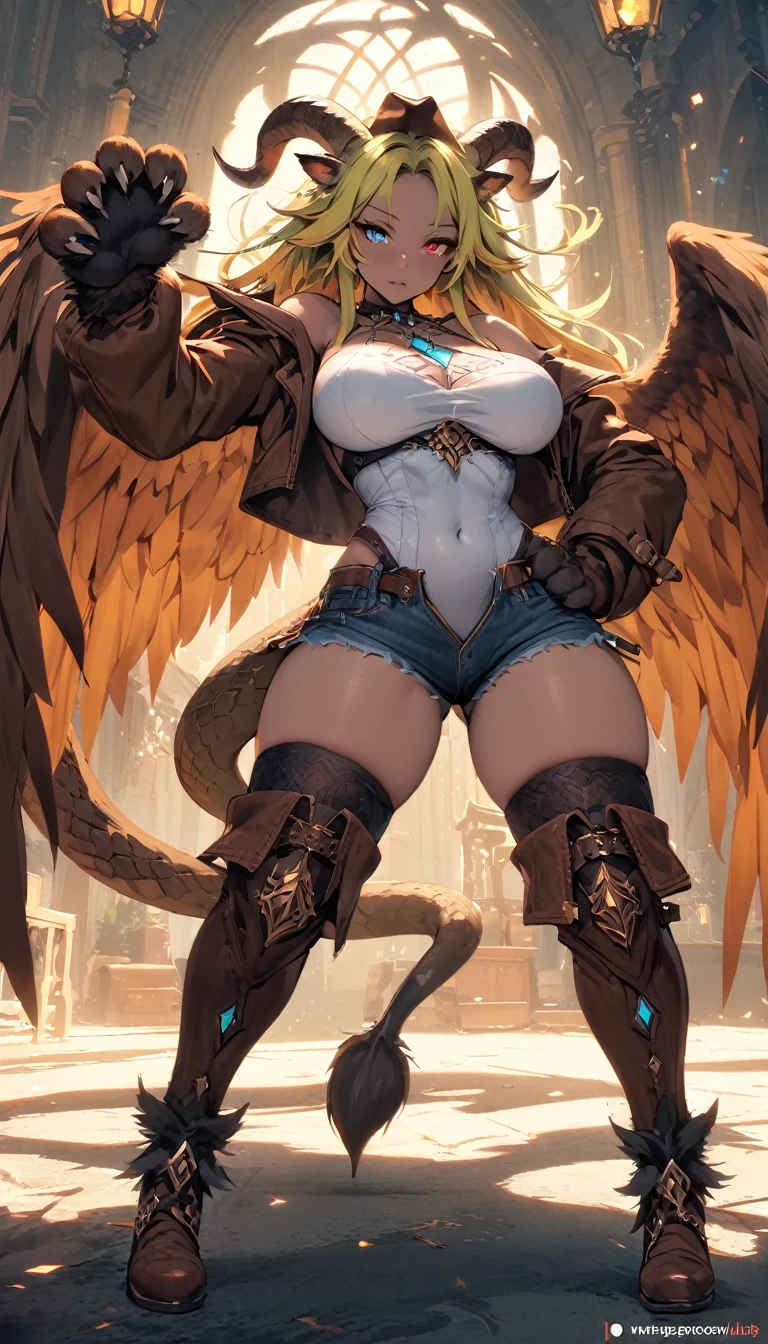(masterpiece), (best quality:1.4), (perfect anatomy:1.4), high quality, expressive eyes, full body, tall girl, detailed face, beautiful face, perfect face, detailed ((blonde hair)), (green hair), {{pale skin}}, ({pale skinned female}), chimera, large , thick thighs, very long hair, bare shoulders, denim, (short shorts), dynamic lighting, high resolution, 4k resolution, dynamic pose, silver jewelry, {fantasy background}, choker, animal ears, (lion ears), {{snake head tail}}, snake tail, (tail), ((multicolored hair)), thigh-highs, horns, goat horns, dragon horns, curvy, ((monster girl)), heterochromia, red eyes, icy blue eyes, feathered wings, claws, thigh gap, white shirt, brown leather jacket, cowboy hat, midriff, animal hands,