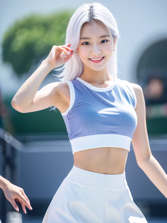 best quality,masterpiece,high resolution,HD,Ultra-clear face,Small face,star face,a korean beauty,24 years old,Korean female idol,white hair,white hair,White fashion hairstyle,summer hair accessories,Korean makeup,Summer high-end luxury fashion design blue cool belly revealing top,summer style tight skirt,summer style stage,Small waist,full-body shot,Perfect smile,Vest line,Perfect waist,Small waist,Perfect dance