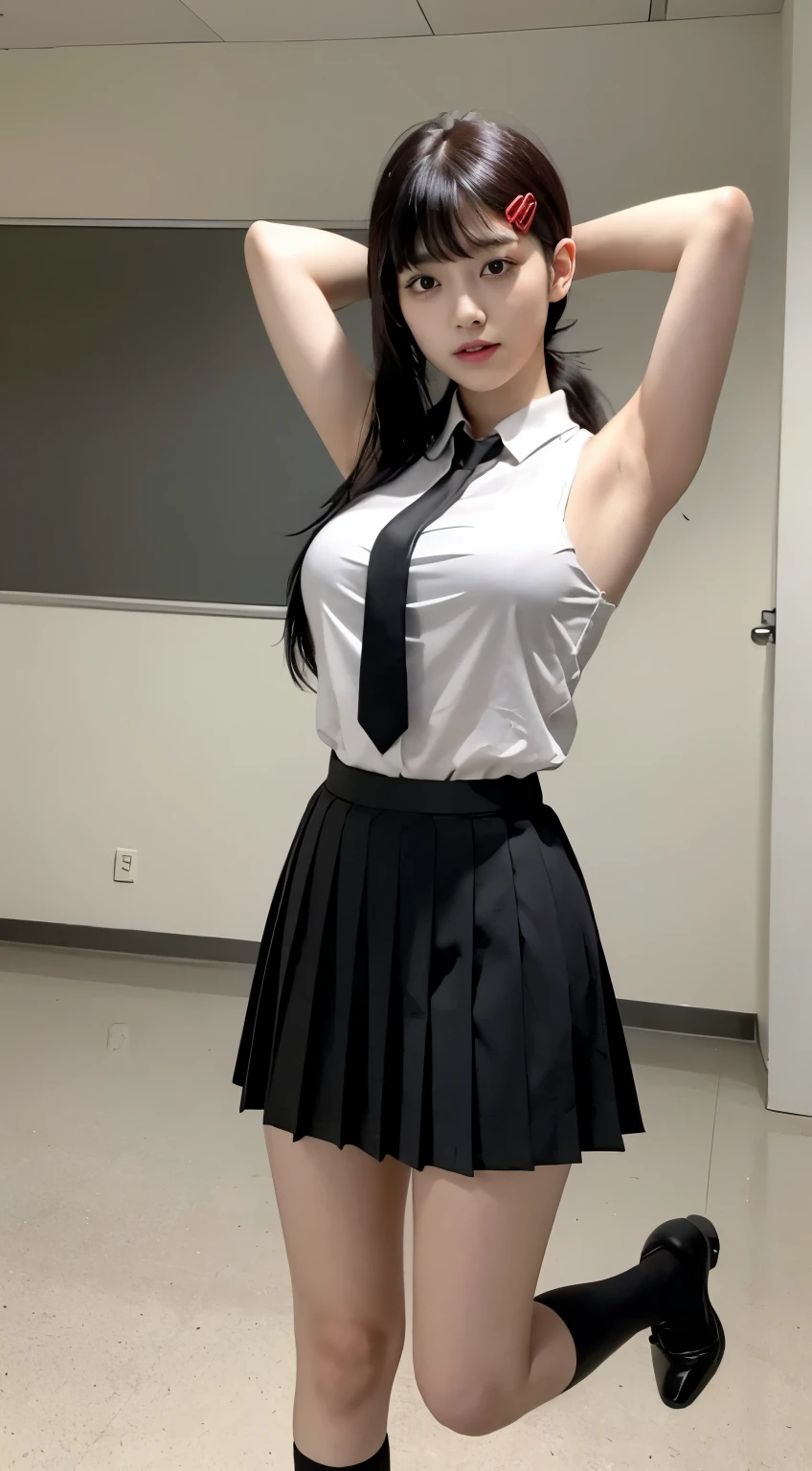 Highest quality、Ultra-high resolution、Professional Lighting、Detailed Background、In the classroom、full body,Kobeni-chan、A sloppy smile、25-year-old woman、beautiful girl、(Kobeni-chan、Jet black hair, Black Hair, bangs, One-sided hair,)、(Red Hair Clip:1.1)、(White sleeveless shirt:1.2)+(Black tie:1.2)+(Grey pleated skirt:1.2)、(Huge breasts that look like they might burst:1.2)、(Big thighs:1.1)、Troubled face、Confused Eyes、Raise your arms to show your sides、Crowded classrooms