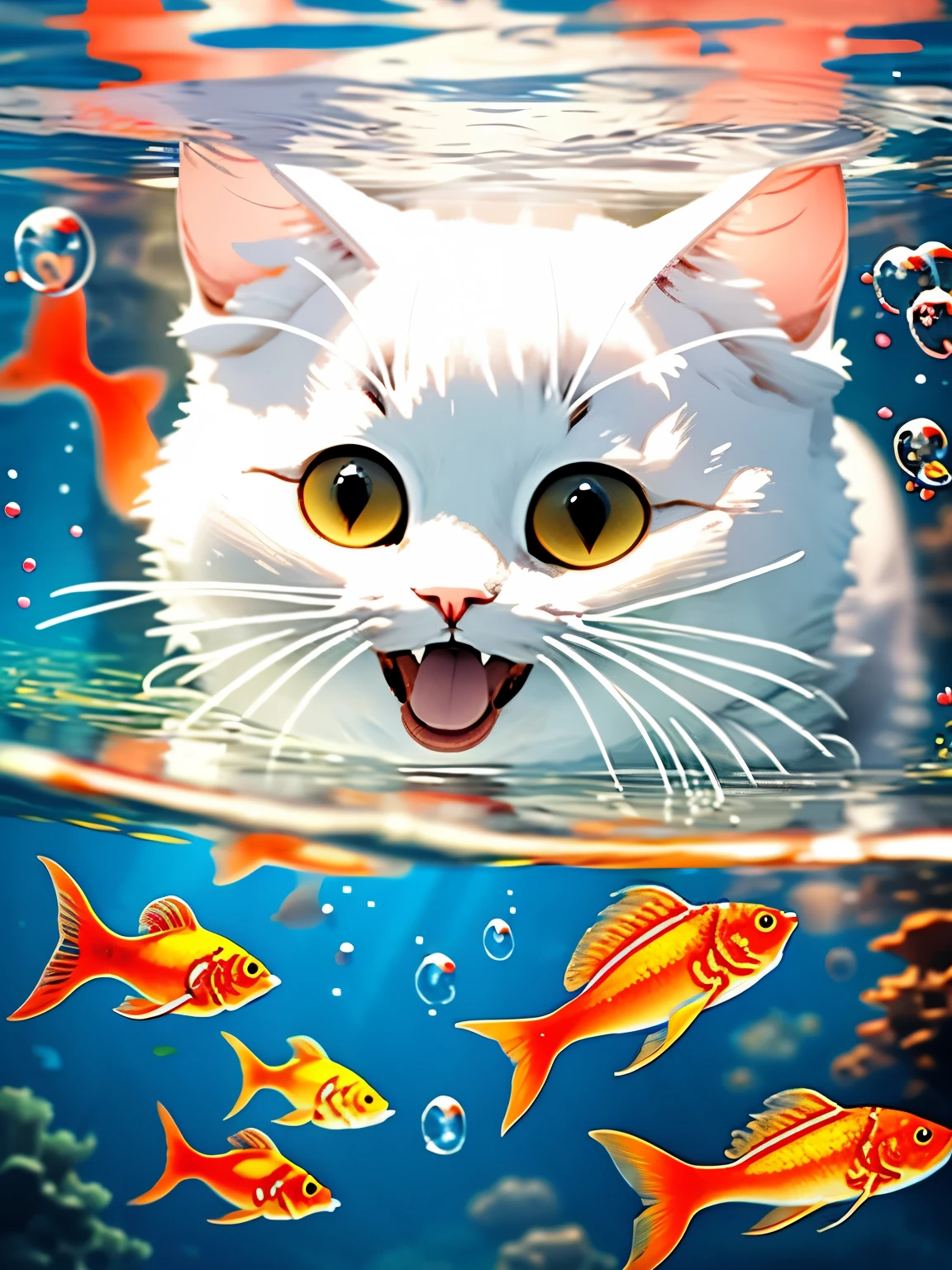 cat plush, MG Yes, Beautiful visual effects, HD, masterpiece, fish, beard, blue eyes, No humans, Animal Focus, open mouth, Looking at the audience, White cat, Underwater, bubble, Solitary, swim, goldfish, submerged, 