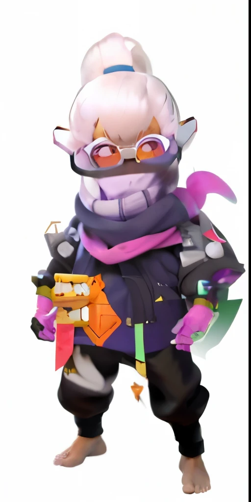 masterpiece,best quality,Brown skin,4k octan rendering, Display Rendering, man,Tooth scarf,White frame orange glasses,barefoot,Bat Wings,Purple gloves