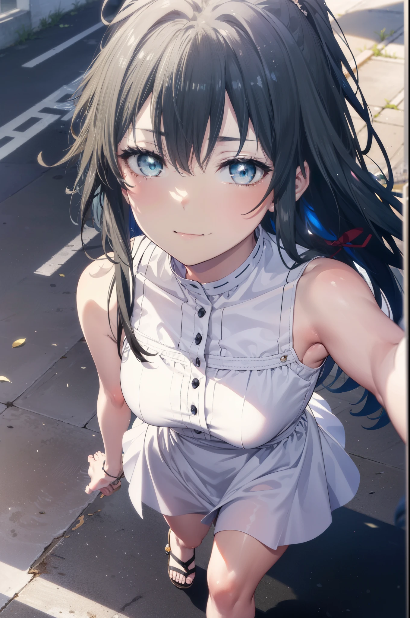 yukinoyukinoshita, Yukino yukinoshita, Black Hair, blue eyes, Long Hair,smile, Small breasts,happy smile, smile, Close your mouth,
, Sleeveless white dress,White long skirt,Cute Sandals,walking,Real Summer,Daytime,sunny,whole bodyがイラストの中に入っていくように,
break outdoors ,city,Building district,Coastal Road　　　　　　　　　　　　　　　break looking at viewer, whole body,
break (masterpiece:1.2), highest quality, High resolution, unity 8k wallpaper, (shape:0.8), (Beautiful and beautiful eyes:1.6), Highly detailed face, Perfect lighting, Extremely detailed CG, (Perfect hands, Perfect Anatomy),