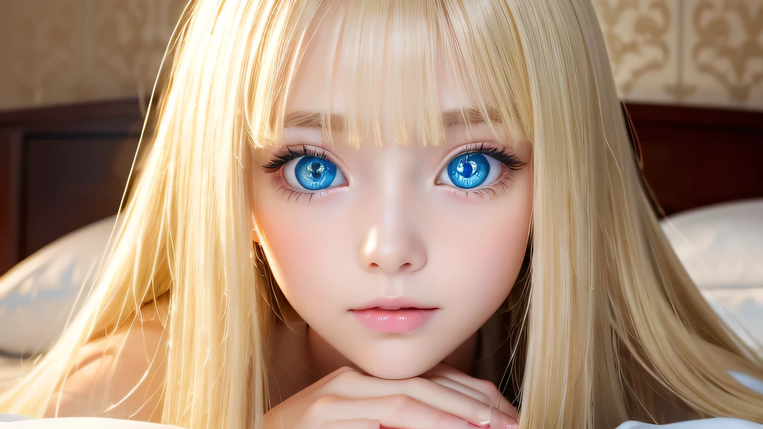 A very white and beautiful 20-year-old blonde girl、Mastepiece, Best Quality, Illustration, Ultra-detailed fine details, Natural platinum blonde with a natural shine、Super long straight silky hair、Super long Rapunzel hair、Hair tangled all over the body、disheveled bangs above the eyes,、Bangs that cover the face、Hair worn in front、High resolution, 8K Denden Wallpaper, Perfect dynamic composition, Beautifully detailed large light blue eyes , Very big eyes、of hotel(Bed)、Small Face Beauty、Round face、On all fours、Cheek resting on hand、Double eyelids