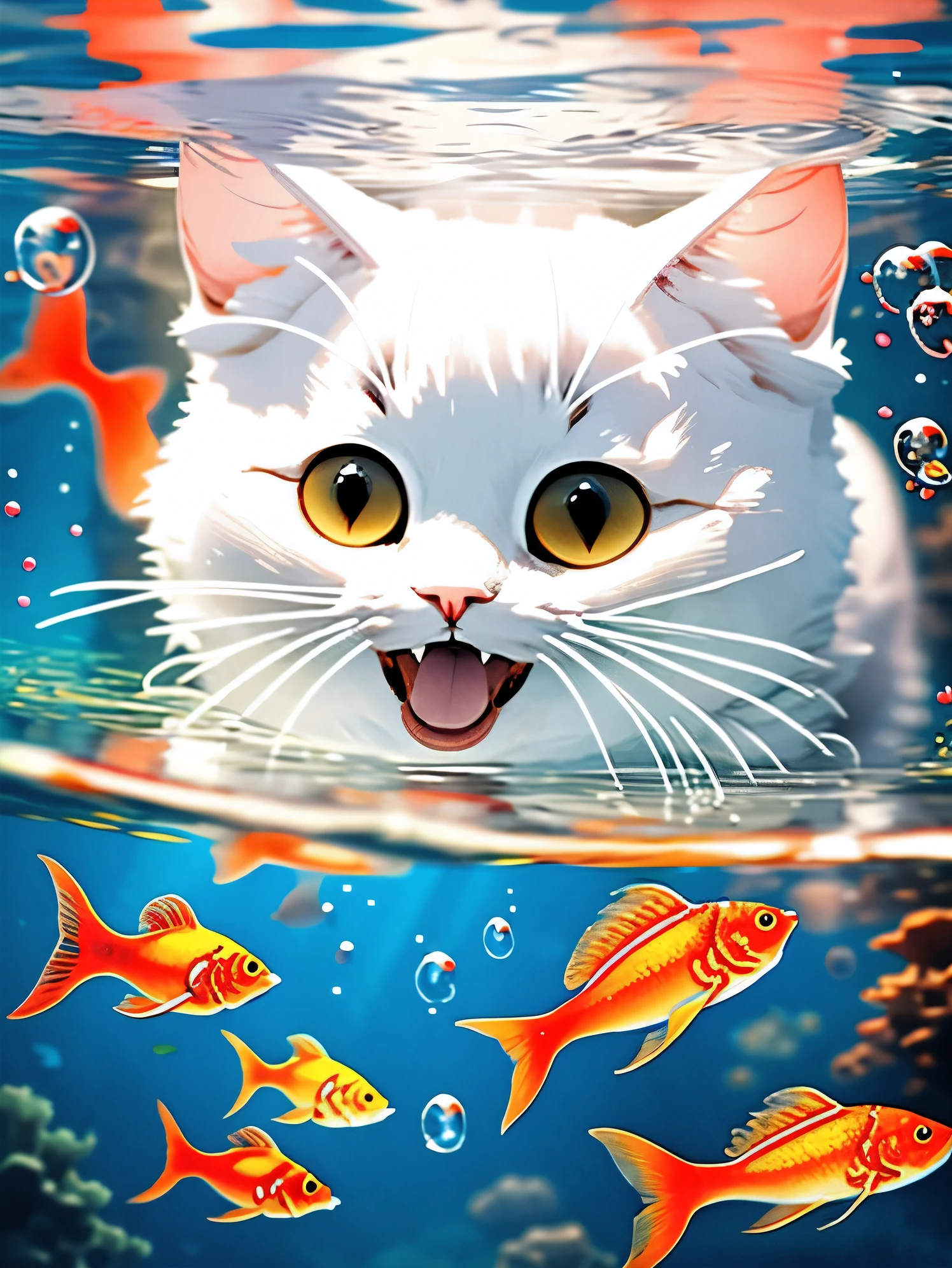 cat plush, MG Yes, Beautiful visual effects, HD, masterpiece, fish, beard, blue eyes, No humans, Animal Focus, open mouth, Looking at the audience, White cat, Underwater, bubble, Solitary, swim, goldfish, submerged, 