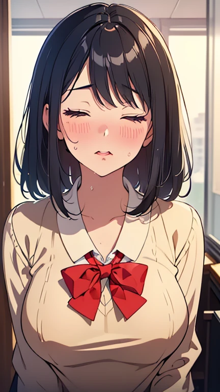 (masterpiece:1.6),(best quality1.6), (ultra high res1.2,perfect proportion,(dark hair:1), ( black hair:1),(beautiful Busty breasts:1.3), (beautiful woman:1.4),a woman,(medium hair:1.2),a mole around the mouth,(blush:1.2),(kissy face:1), ready to kiss,(sexual ecstasy face:1.4) ,(aroused:1.4),(embarrassed:1.4),(squinting:1.4), (sweaty:1.2),closed eyes,(beige V Neck Sweater:1.1),(school uniform1.1),a red Checked bow tie, (upper body shot:1.3), shoot from front,close-up, (looking viewer:1.4)
