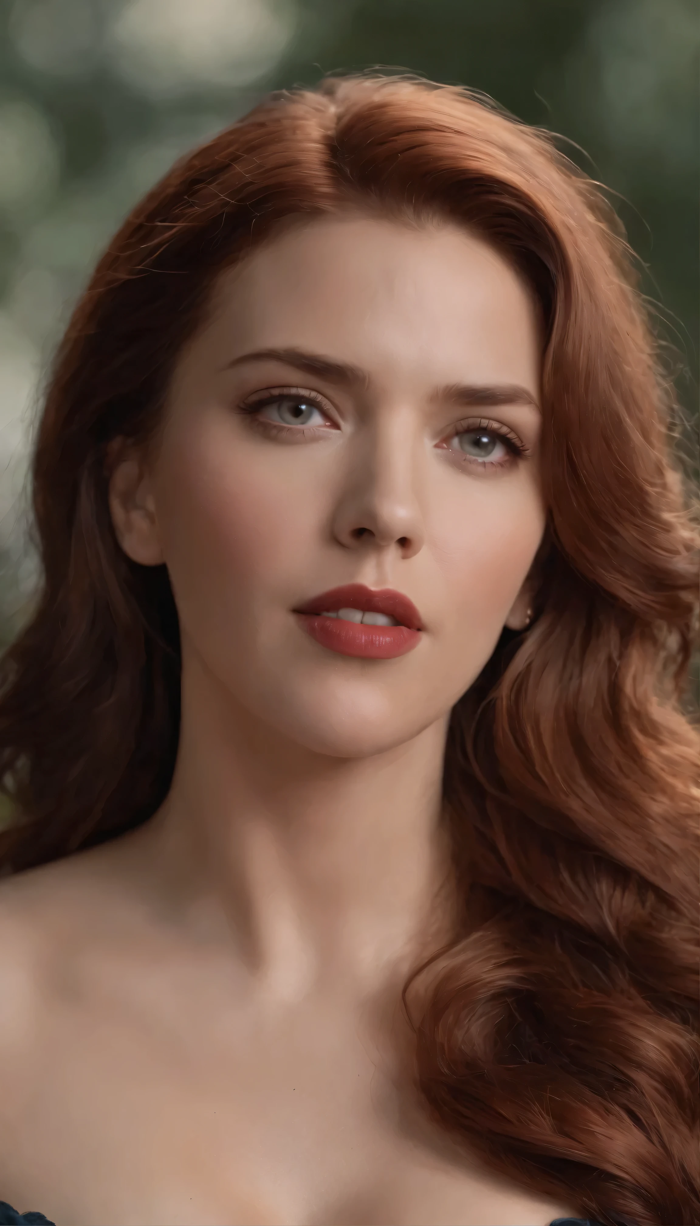 with high definition images,A scene from a movie, Scarlett Johansson、With a beautiful body and attractive breasts、Her hair is a rich shade of red、She dedicated herself to cosplaying as Wonder Woman.、He exuded confidence and strength。This image was expertly taken with a digital SLR camera.、Showcasing utmost detail and mesmerizing cinematography。Neutral colors set the scene、Highlighting every intricate detail of her skin、Highlighted extremely detailed text,Scarlett Johansson's face details