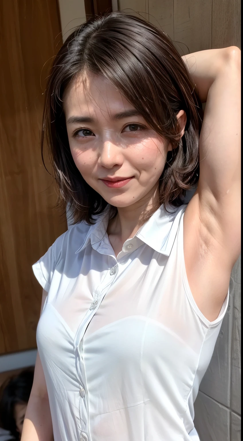 (Realistic:1.3、Ultra HD、Ultra-high resolution、8k、Japanese office lady、At work、White collared shirt、Sleep on your back)、((Looking at the camera:1.8))、(Extremely realistic skin texture:1.4)、(Realistic:1.3)、short hair、(Embarrassed expression:1.5)、(blonde:1.1)、(40-year-old woman、Mature Woman)、Ponytail hairstyle、(Lift your left arm and show your armpit:1.3)、(Armpit close-up:1.4)、(Taken from left:1.3)