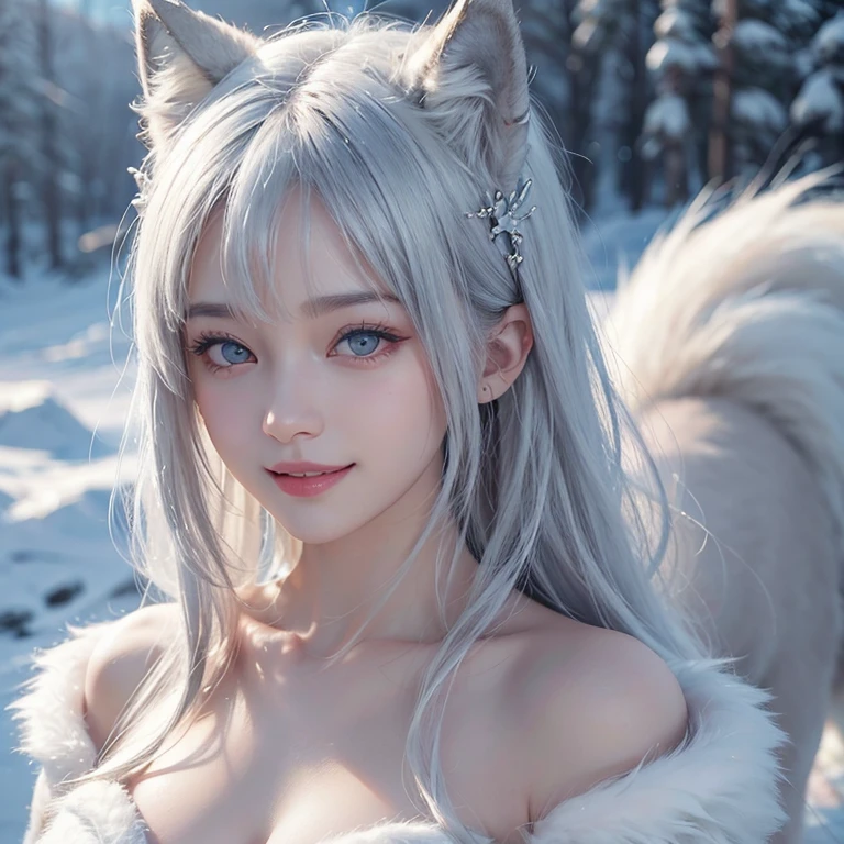 snowing mountain、white wolf、 ((highest quality、masterpiece、8k、best image quality、ultra high resolution、Award-winning work)、(accurate anatomy:1.1)、(look at me and smile:1.1)、Shining fair skin with ultra high resolution、most detailed face、ultra high resolution detailed face、white short hair flowing 、Beautiful face drawn in every detail、(blurred background:1.1)、 Inuit fur clothing, chest together, real wolf beside the girl