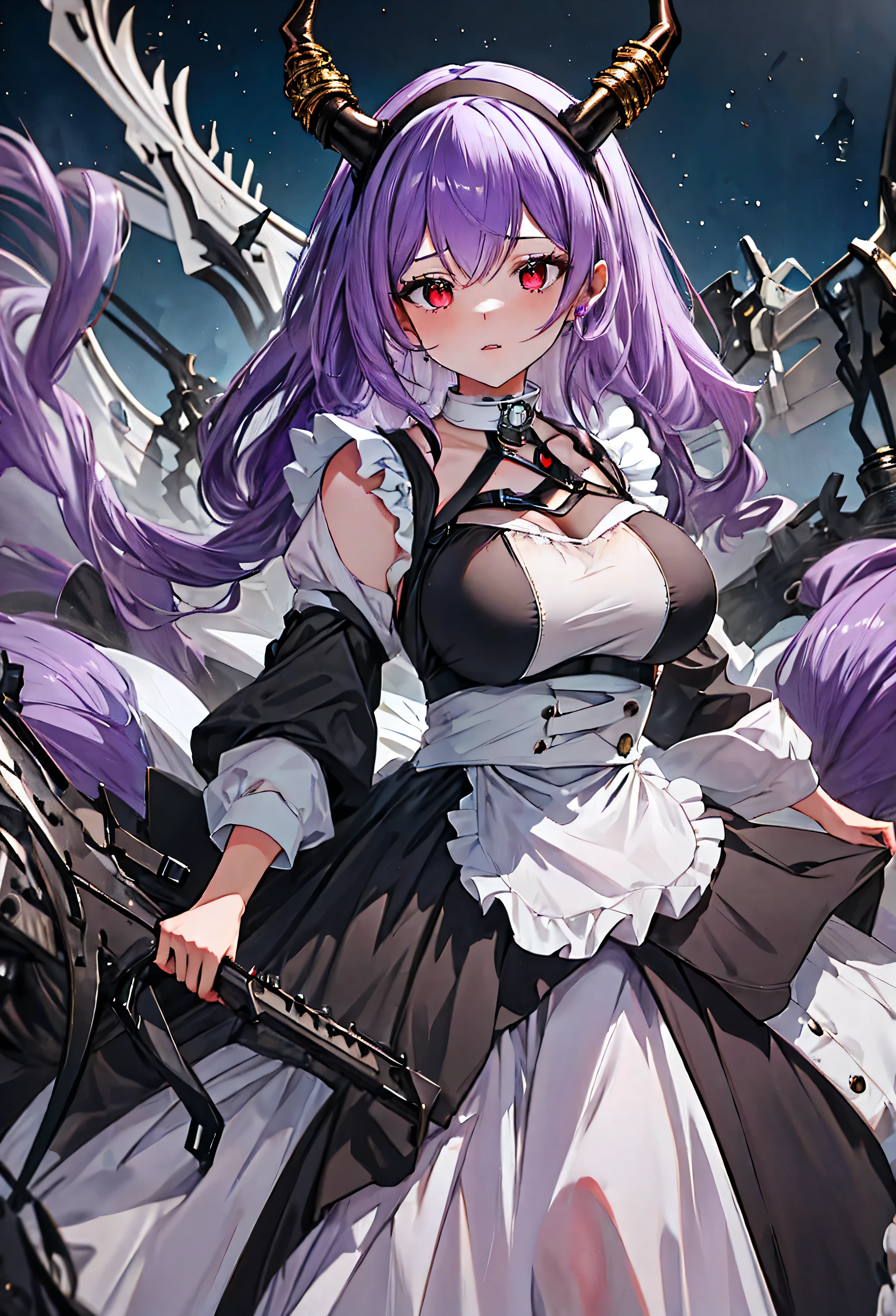 Typhon| Ark Knight, dragon horns, dragon tail, very long hair, hairband, purple hair, red eyes, large breasts,  In a dark night, an eunectes_arknights stands alone, with her very long hair flowing down. She is wearing a hairband and her hair is purple. Her eyes are piercing red. The artwork is of the best quality, a masterpiece in high resolution. The eunectes_arknights is dressed as a maid, wearing a long maid dress that adds a touch of elegance to her appearance. She is 21 years old., Expressing anger, angry,