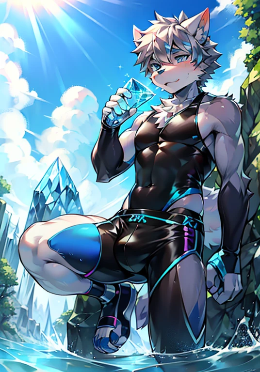 Furry,wolf boy,White fur,crystal blue eyes,Single fluffy tail,greyt hair,short detailed hair,summer day,dive,Wear diving goggles,masculine features,Squat,asshole,bulge,Sexy latex swimsuit