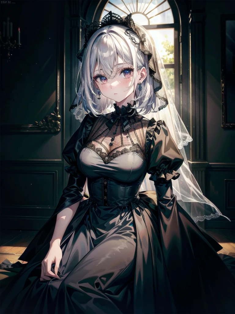 full body shot, sickly ghost girl, black dress, face veil, mansion, hall, absurdres, RAW photo, extremely delicate and beautiful, masterpiece, Best Quality, ultra high resolution, 32k, hyperrealistic, ultra-detailed description, pale skin, 20 years old, detailed beautiful face and eyes, tearful mole, earring, Colossal tits, short medium wavy hair,