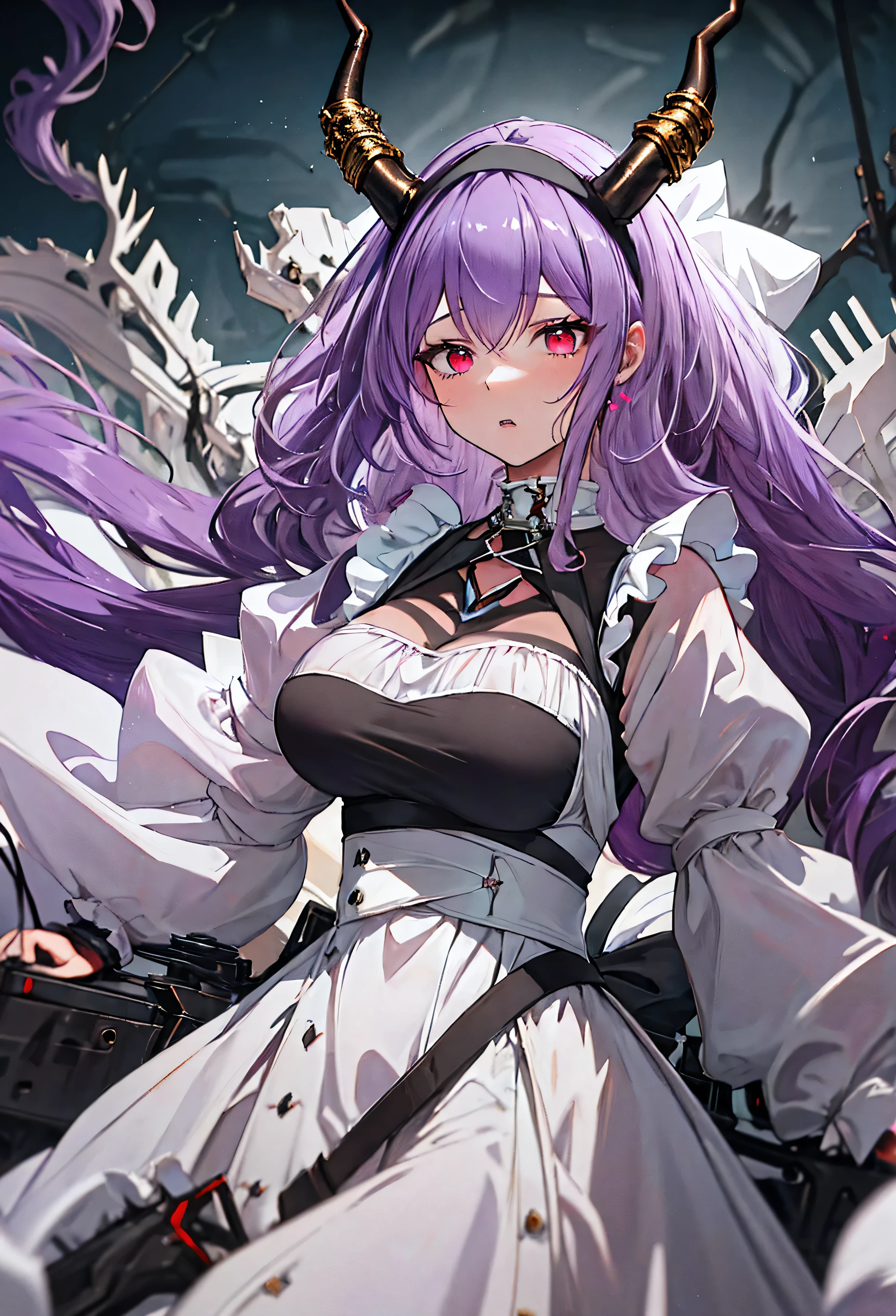 Typhon| Ark Knight, dragon horns, dragon tail, very long hair, hairband, purple hair, red eyes, large breasts,  In a dark night, an eunectes_arknights stands alone, with her very long hair flowing down. She is wearing a hairband and her hair is purple. Her eyes are piercing red. The artwork is of the best quality, a masterpiece in high resolution. The eunectes_arknights is dressed as a maid, wearing a long maid dress that adds a touch of elegance to her appearance. She is 21 years old., Expressing anger, angry,