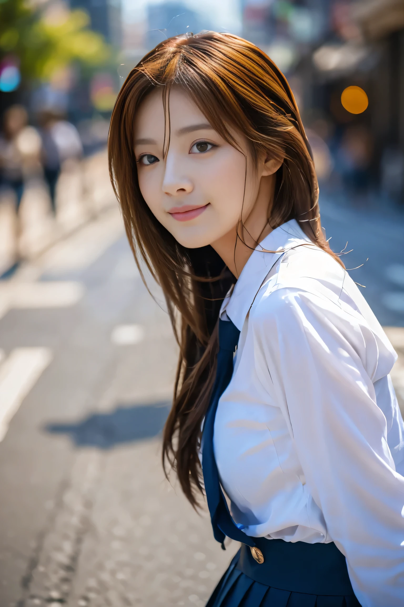 (1. Female), (The best quality at its best:1.4), (Super detailed), (Very detailed CG unified 16k), Beautiful woman with perfect figure: 1.4, Sharp focus: 1.2, Very detailed, High-quality RAW color photos, Professional photography, Great face and eyes, cosmetics, (Amazingly beautiful girl), ((Asuka)), ((shirt, Pleated mini skirt)), Are standing, Sexy posture,(Stylish cityscape, Dawn, Dawn:1.3), (View from below), Realistic movie faces, Wide zoomed out view of head to foot length, Full body long view, Realistic, ((Realistic natural orange red hairstyle, Realistic blue eyes, Long Hair)), nice, Very beautiful face, Perfect model beauty, Mouth swelling, Highly detailed face and skin texture, Fine grain, double eyelid, Medium chest, smile, Crack, west, (masterpiece), highest quality, High resolution, Very detailed, Blurred Background, Depth of written boundary, Cinema Lighting, Great legs, High heels, Clear, well-maintained skin, (((Women make up the majority of the photo)))