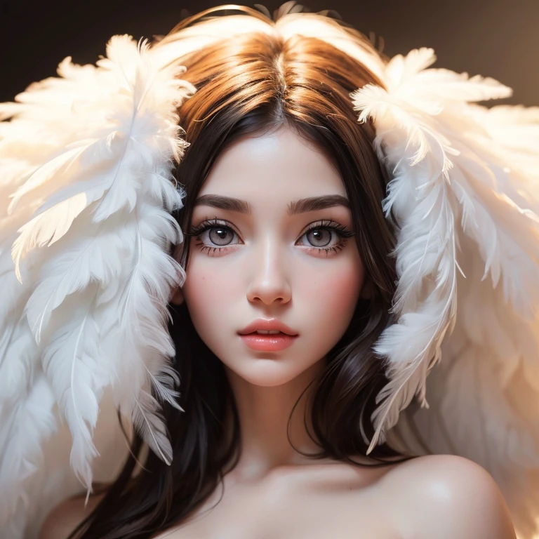charming young brunette, big eyes, long eyelashes, dressed in white fluffy feathers, beauty of the female body, perfect skin, photorealism, Intricacy, (Masterpiece:1.5), (best quality:1.5).