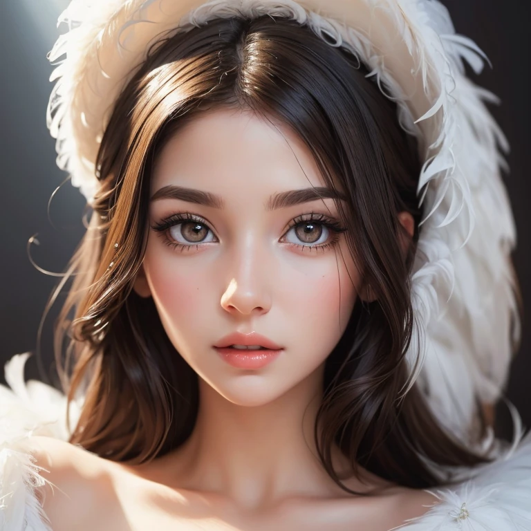 charming young brunette, big eyes, long eyelashes, dressed in white fluffy feathers, beauty of the female body, perfect skin, photorealism, Intricacy, (Masterpiece:1.5), (best quality:1.5). 