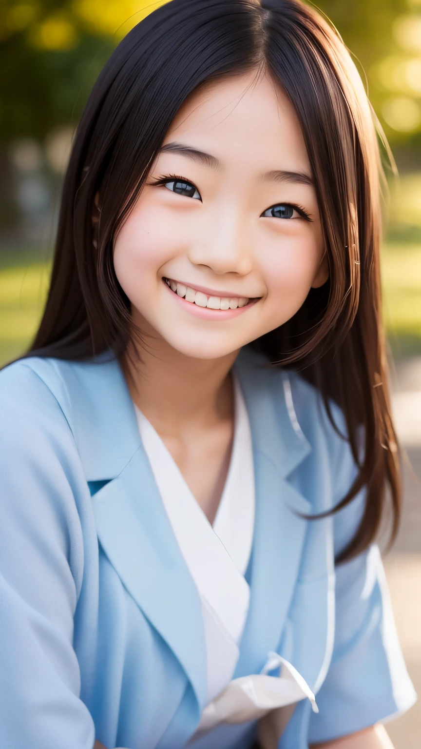 lens: 135mm f1.8, (highest quality),(RAW Photos), (Tabletop:1.1), (Beautiful and neat Japanese girl), Cute face, (Deeply chiseled face:0.7), (freckles:0.4), dappled sunlight, Dramatic lighting, (Japanese School Uniform), (On campus), shy, (Close-up shot:1.2), (smile),, (Sparkling eyes)、(sunlight)