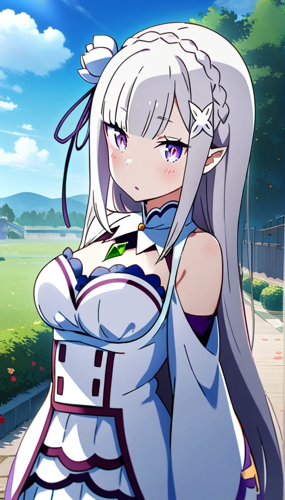1girl, emilia \(re:zero\)), re:zero kara hajimeru isekai seikatsu, large breast, masterpiece, best quality, very aesthetic, absurdres, key visual, highly detailed, looking at viewer, outdoors