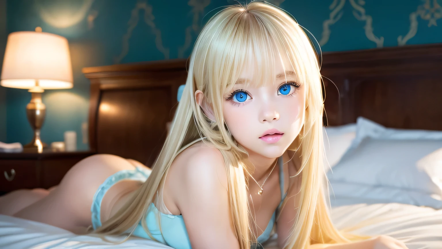 A very white and beautiful 20 year old blonde girl、masterpiece, highest quality, figure, Ultra-fine detail, Natural platinum blonde with a natural shine、Super long straight silky hair、Super long Rapunzel hair、Hair tangled all over the body、Messy bangs on the eyes,、Face-covering bangs、bangs、High resolution, 8K TV Wallpaper, Perfect dynamic composition, Beautifully detailed large light blue eyes , Very big eyes、of hotel(bed)、Small Face Beauty、Round face、On all fours、double eyelid